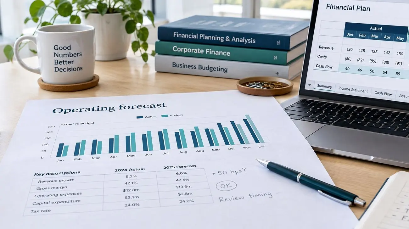 An operating forecast printout and a five-year financial plan open on a laptop, beside books on financial planning and analysis, corporate finance and business budgeting