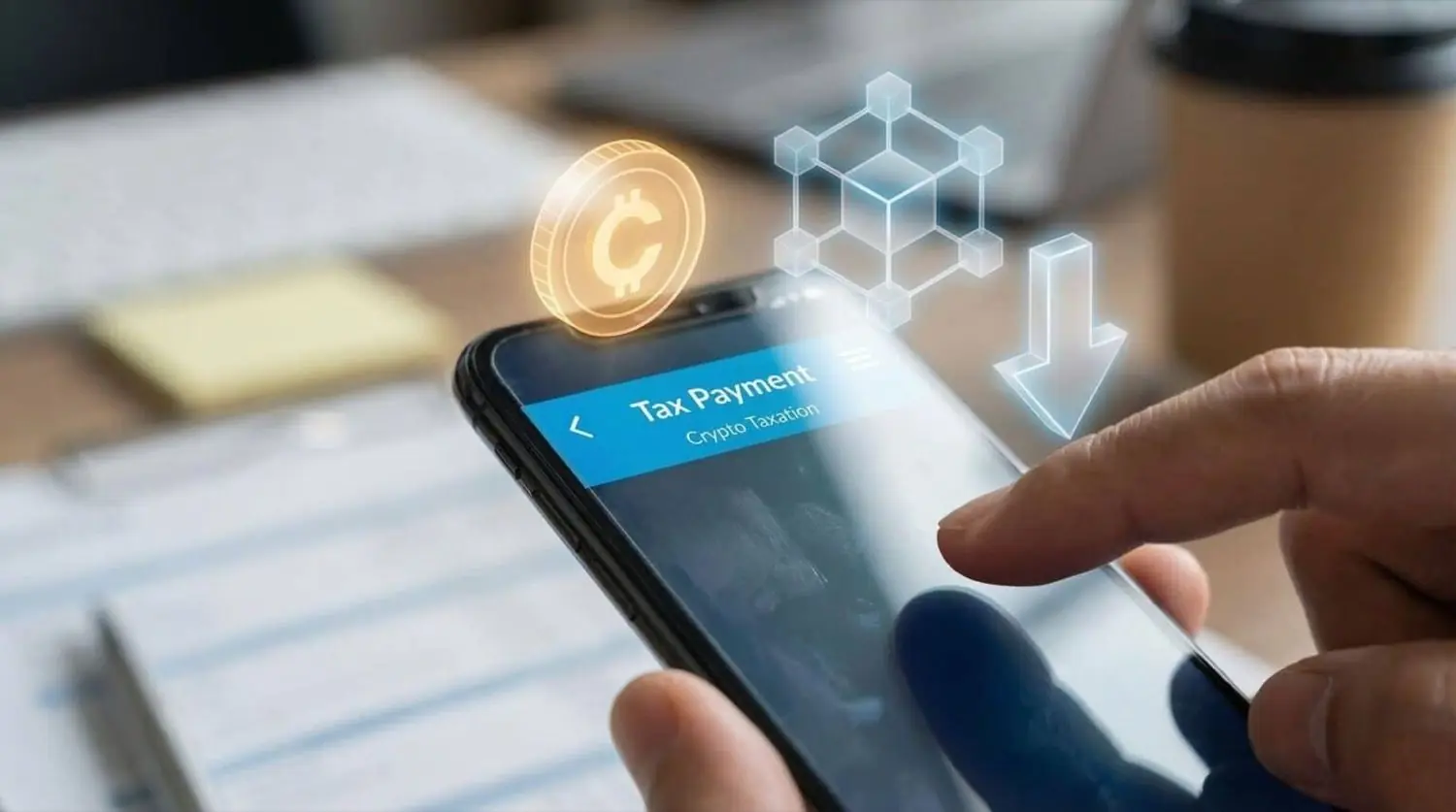 A phone showing a crypto tax payment screen, with a coin and a blockchain cube above it