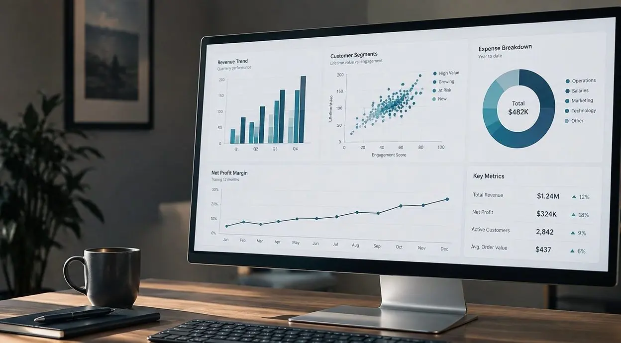 A finance dashboard on a desk monitor: revenue trend, segments, expense breakdown and key metrics