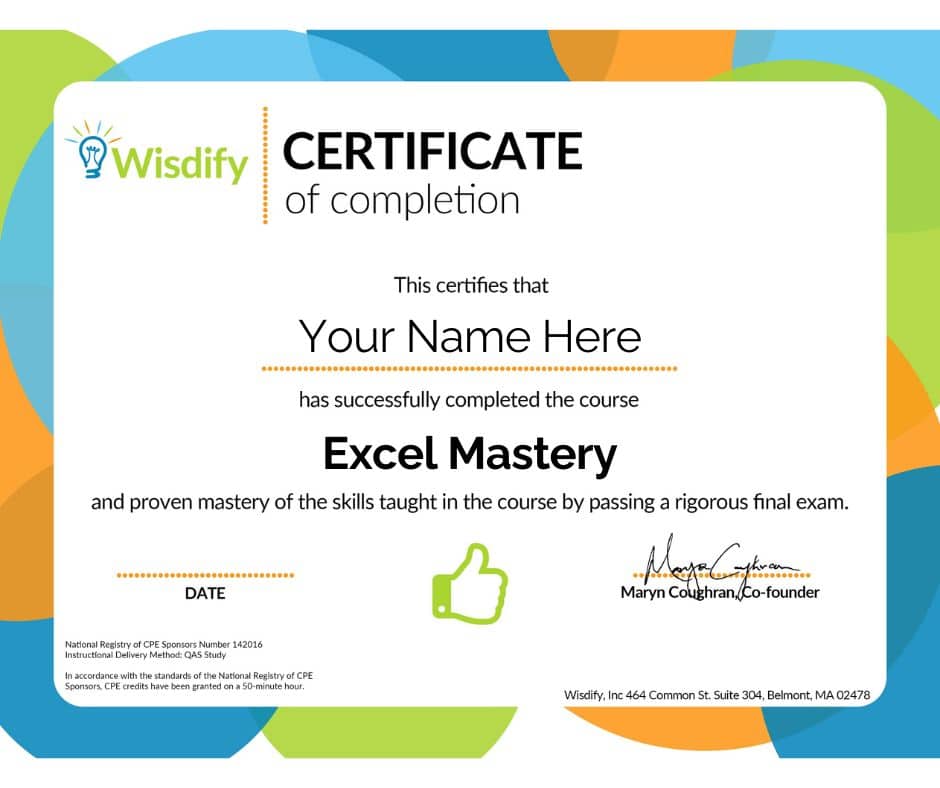 Wisdify's Certificate of Completion (Excel Mastery)